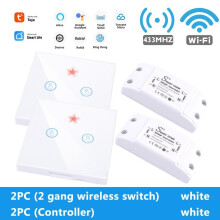 (2pc2 Gang  switch+2pc controller white) WiFi Light Switch 220V RF 433MHz With Breakers Remote Control Delay Module DIY Timer Switch Works With Alexa Google Home