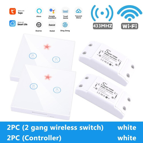 (2pc2 Gang  switch+2pc controller white) WiFi Light Switch 220V RF 433MHz With Breakers Remote Control Delay Module DIY Timer Switch Works With Alexa Google Home