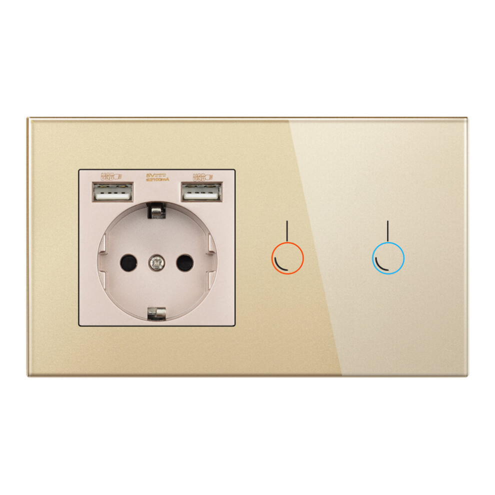 (Gold) EU Touch 146*86mm 220V 16A Sensor Switch with Socket with USB Crystal Glass Panel Wall Socket with 2 Gang Light Switch