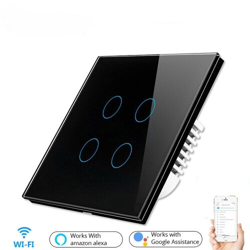 (Black) Smart Light Touch Switch 4Gang EU Wireless Remote Control Works with Alexa Google Home