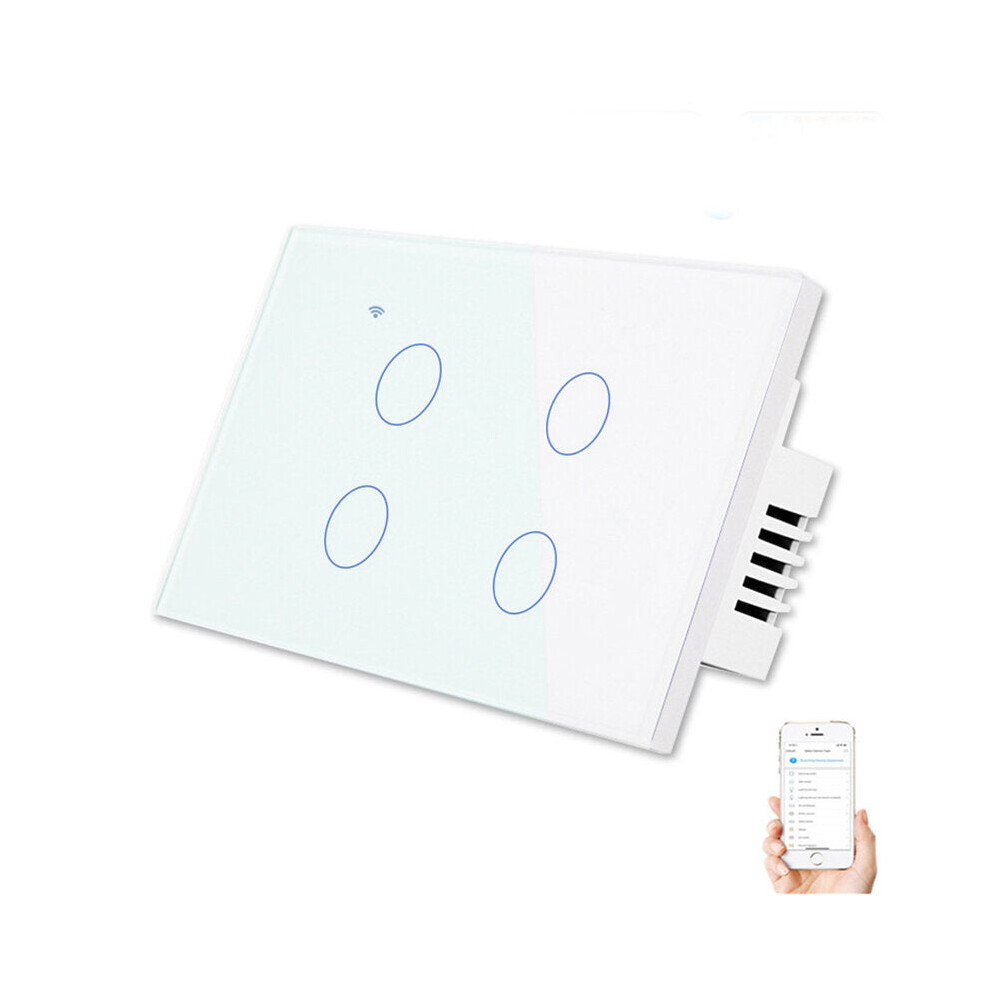 (White, 4 Way) Wifi Wall Touch Sensitive Switch App Remote Control 1/2/3/4 Gang Wireless LED Light Smart Touch Screen Switch Work with Alexa Google As