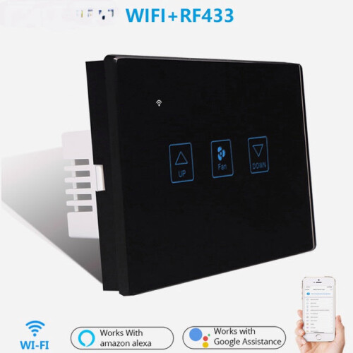 (Black) WiFi+RF433 Smart Fan Speed Control Touch Switch US Standard Deluxe Crystal Panel Switch Tuay App Remote Control