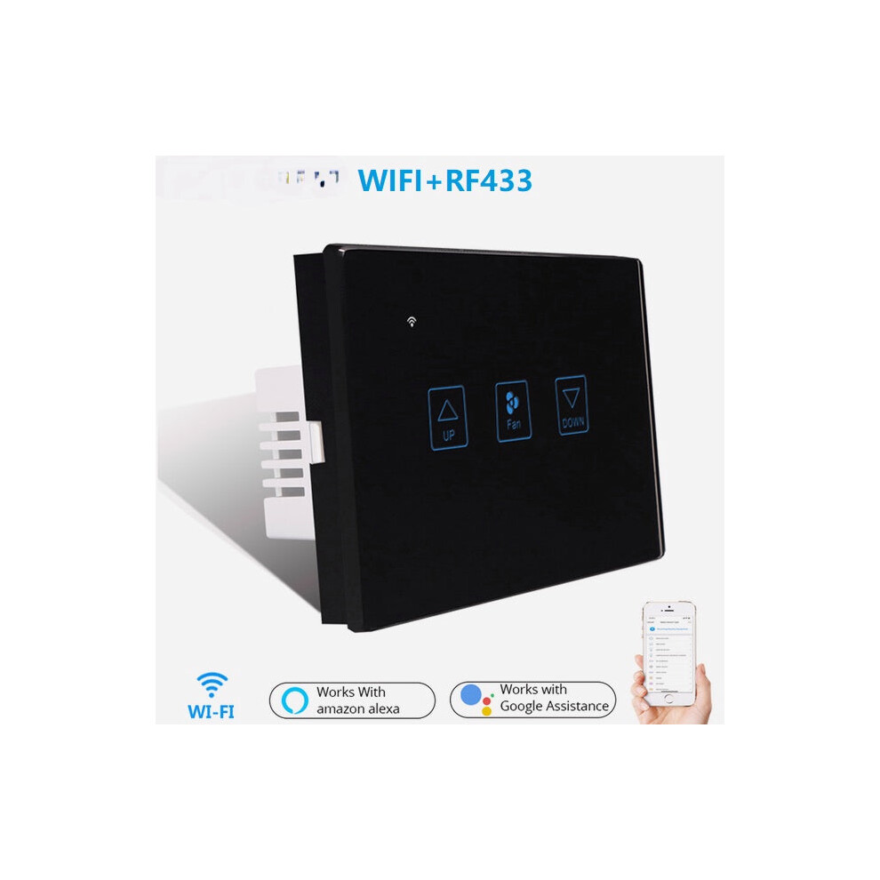 (Black) WiFi+RF433 Smart Fan Speed Control Touch Switch US Standard Deluxe Crystal Panel Switch Tuay App Remote Control