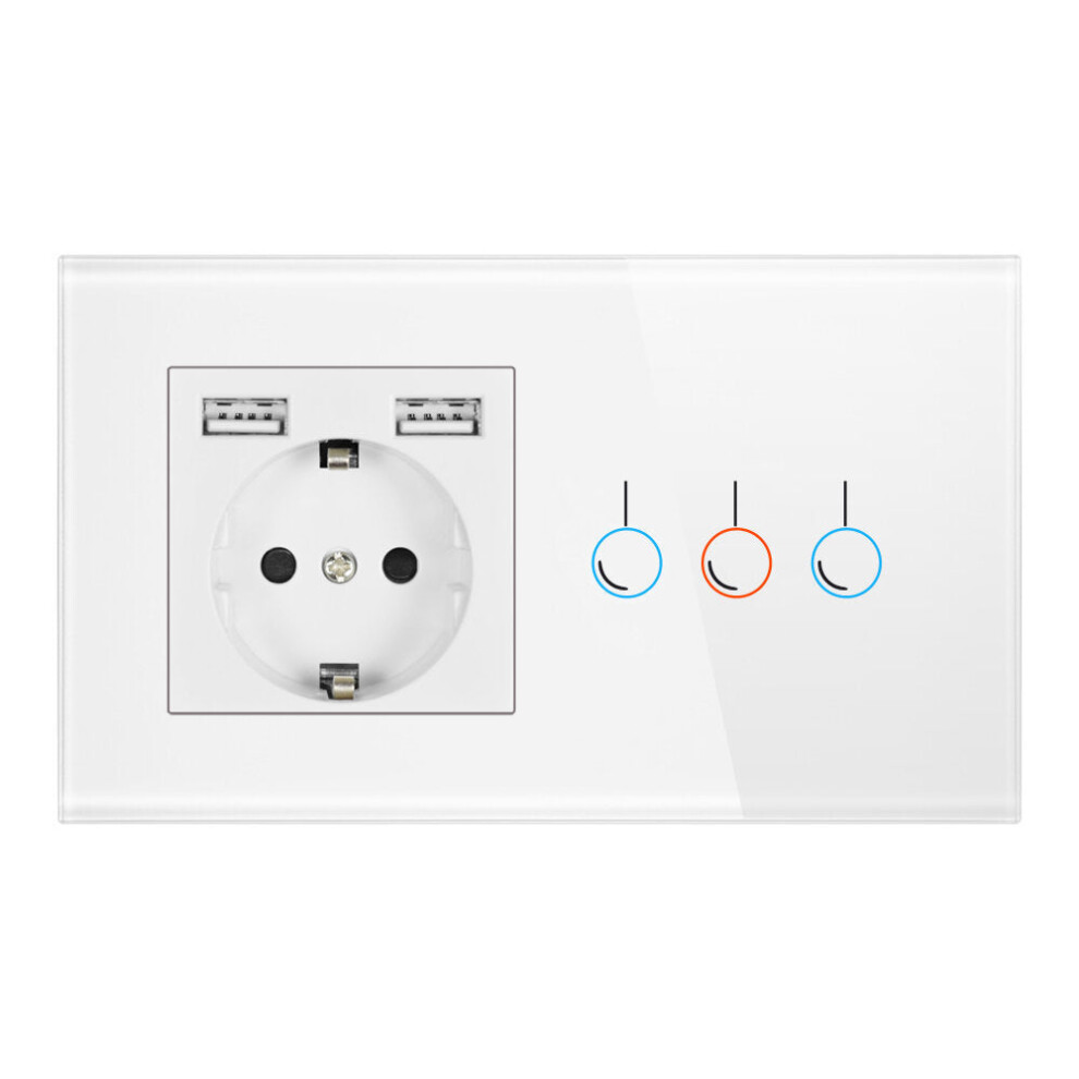 (White) Touch Sensor Switch with Socket with USB Crystal Glass Panel Wall Socket with 3 Gang Light Switch 146*86mm 220V 16A