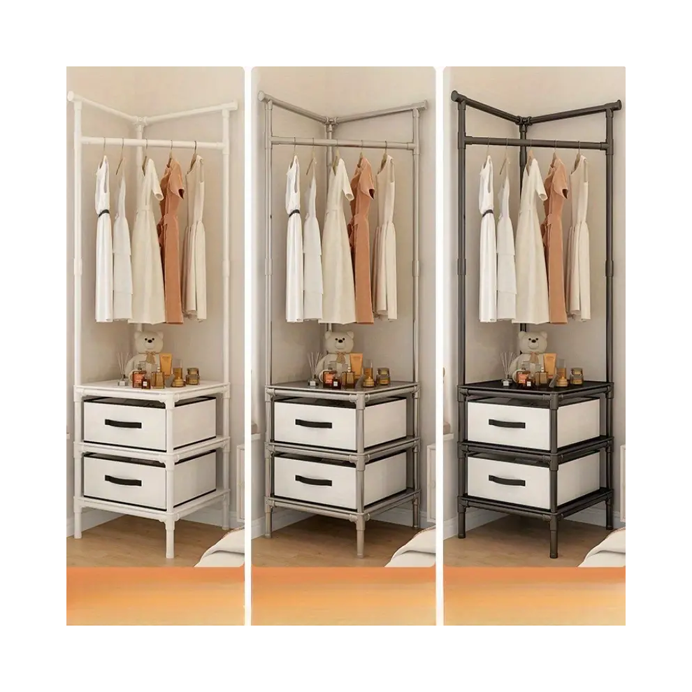 (Black) 3-Tier Corner Closet Organizer with 2 Drawers