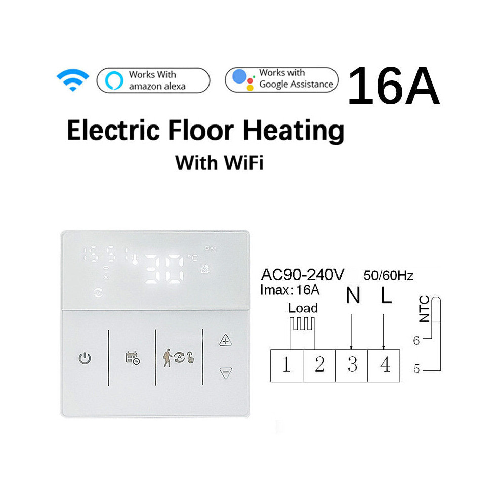 (White, 16A) WiFi Intelligent Floor Water Heating / Boiler Temperature Controller Mobile Phone App Remote Control Panel Voice Control Support Alexa Google Home