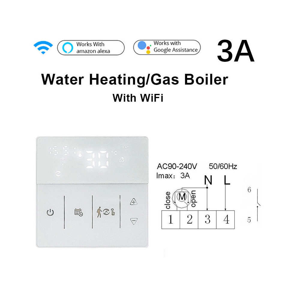 (White, 3A) WiFi Intelligent Floor Water Heating / Boiler Temperature Controller Mobile Phone App Remote Control Panel Voice Control Support Alexa Google Home