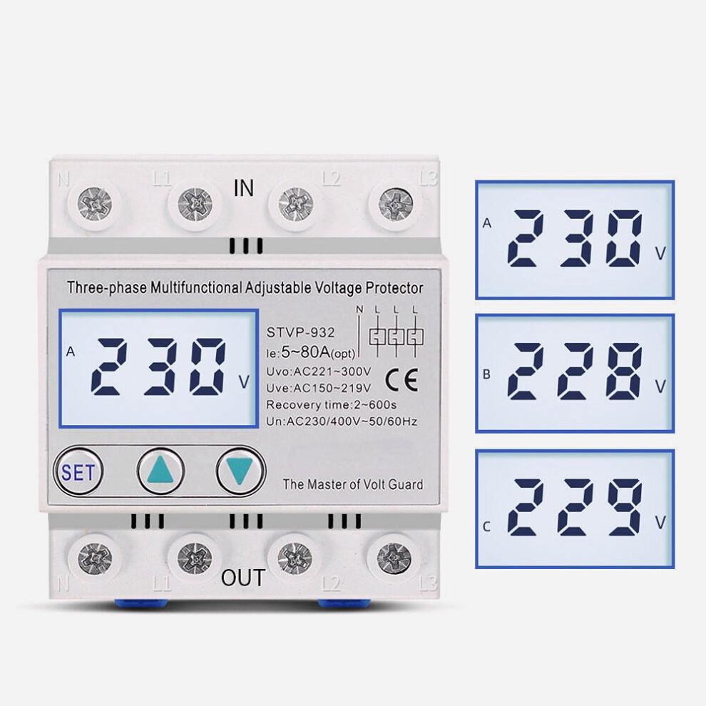 (80A) Industrial Three Phase AC 380V 80A Adjustable Surge Voltage Protector Automatic Recovery Over Under Voltage Potective Device