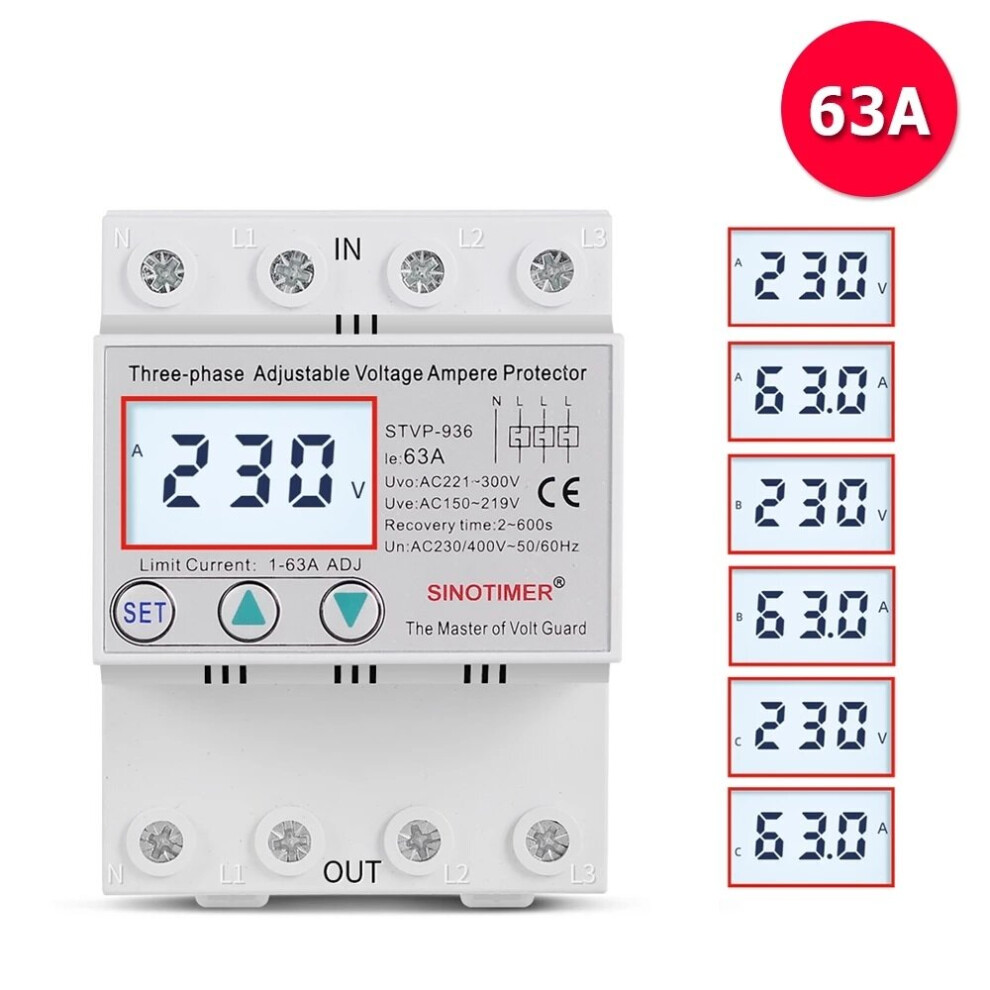 (63A) Multifunctional Over Under Voltage and Over Current Protection Device Automatic Recovery Voltage Relay,230V AC 63A