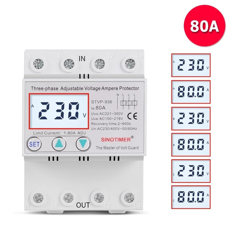 (80A) Multifunctional Over Under Voltage and Over Current Protection Device Automatic Recovery Voltage Relay,230V AC 63A