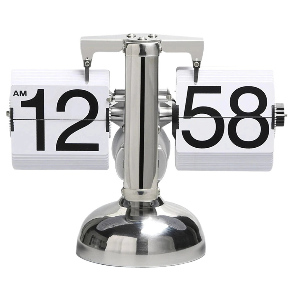 (White) Vintage Flip Clock - 12-Hour Retro Stainless Steel Desk Clock with Large Display for Living Room & Bedroom