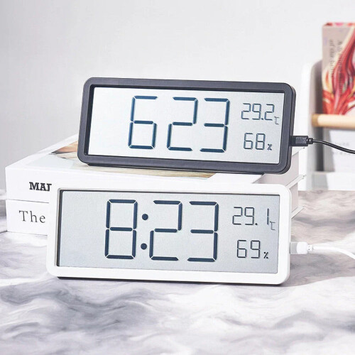 (White) LCD Digital Wall Clock with Temperature, Humidity, and Time Display - Battery Powered Desktop Clock 1