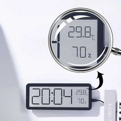 (White) LCD Digital Wall Clock with Temperature, Humidity, and Time Display - Battery Powered Desktop Clock 2