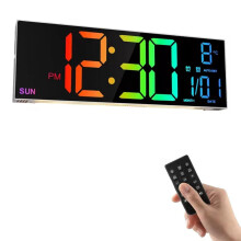 (White) 16" LED Digital Wall Clock with Remote, RGB Display, Auto Brightness, Date, Temperature - Ideal for Living Room, Bedroom, Office Decor