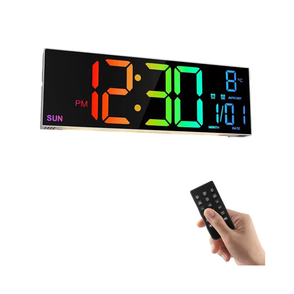 (White) 16" LED Digital Wall Clock with Remote, RGB Display, Auto Brightness, Date, Temperature - Ideal for Living Room, Bedroom, Office Decor