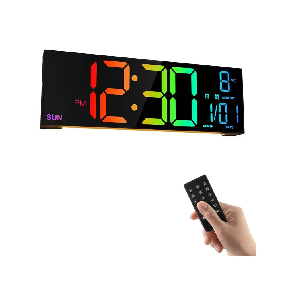 (Black) 16" LED Digital Wall Clock with Remote, RGB Display, Auto Brightness, Date, Temperature - Ideal for Living Room, Bedroom, Office Decor