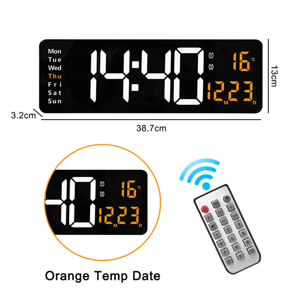 (Black orange) 16-Inch LED Digital Wall Clock with Remote, Auto Brightness, Temperature, Date, Week Display - Ideal for Home, Office, Classroom