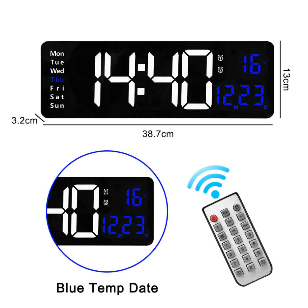 (Black blue) 16-Inch LED Digital Wall Clock with Remote, Auto Brightness, Temperature, Date, Week Display - Ideal for Home, Office, Classroom