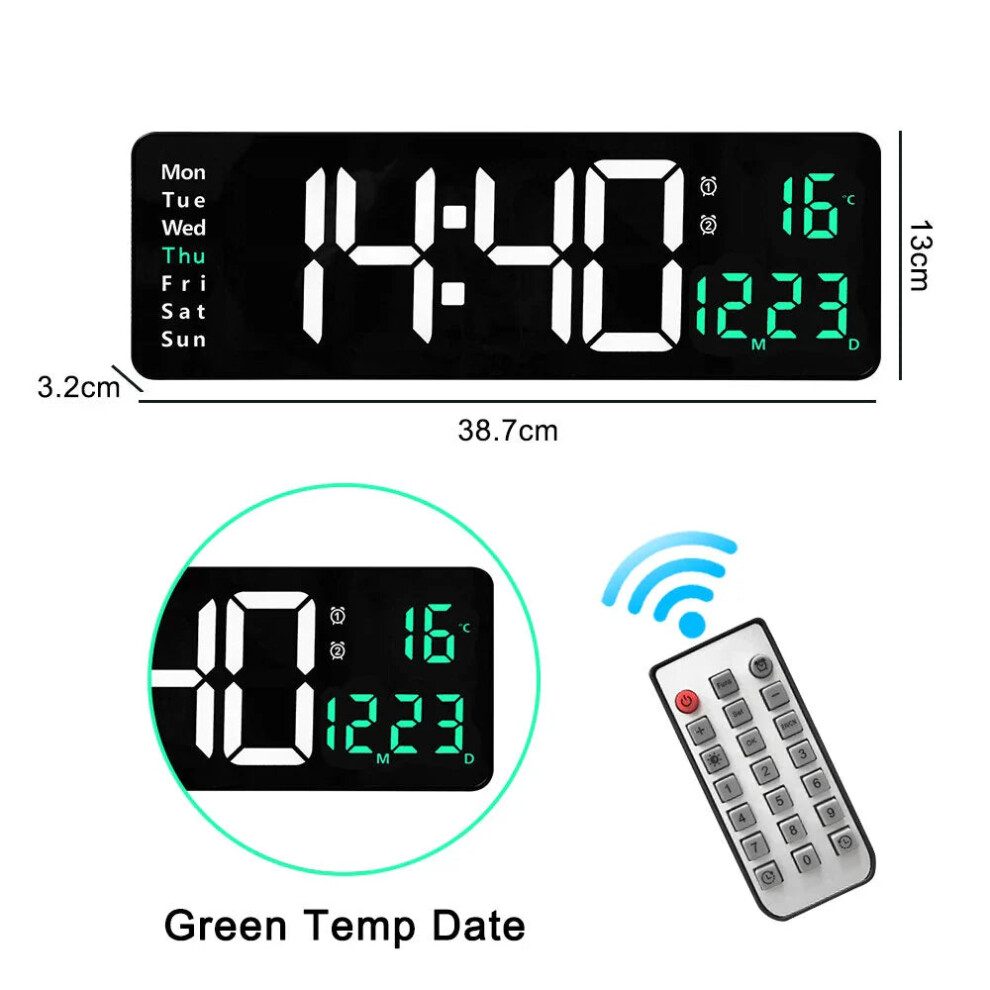 (black green) 16-Inch LED Digital Wall Clock with Remote, Auto Brightness, Temperature, Date, Week Display - Ideal for Home, Office, Classroom