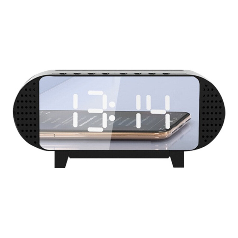 (Black) Mini Mirror Bluetooth Acoustic Alarm Clock LED Wireless Portable Music Player Alarm Clock Home Bedside Office Desktop Supplies