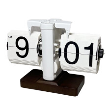 (White) Retro Mechanical Flip Clock with Walnut Wood Base, 24-Hour Display, Desk Decor for Home/Office
