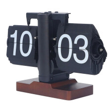 (Black) Retro Mechanical Flip Clock with Walnut Wood Base, 24-Hour Display, Desk Decor for Home/Office