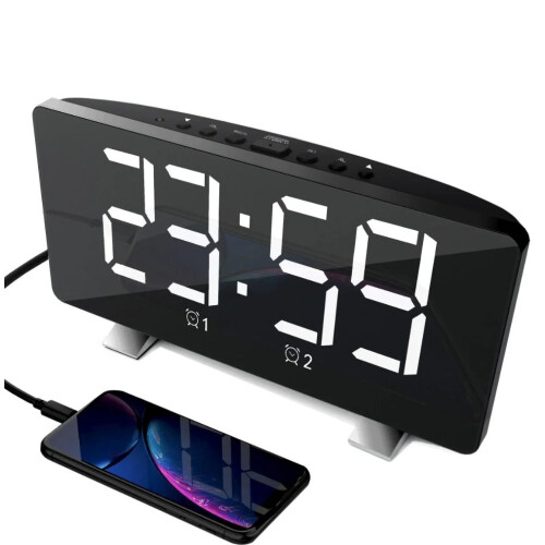(White) LED Digital Alarm Clock with Mirror, USB Charging, Adjustable Brightness, 10 Music Options, and Memory Function 1