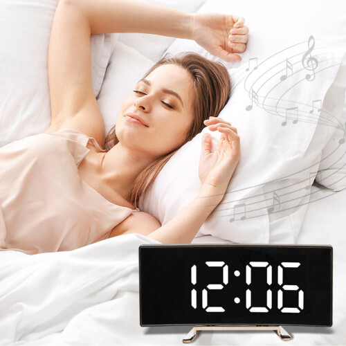(White) LED Digital Alarm Clock with Mirror, USB Charging, Adjustable Brightness, 10 Music Options, and Memory Function 2