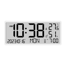 (White) Large LCD Digital Wall Clock with Temperature and Humidity Display, Alarm, Desktop and Hanging Options for Home and Office