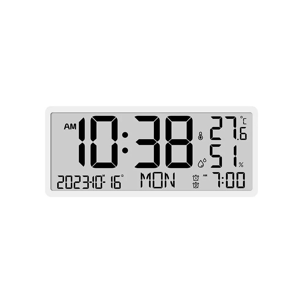 (White) Large LCD Digital Wall Clock with Temperature and Humidity Display, Alarm, Desktop and Hanging Options for Home and Office