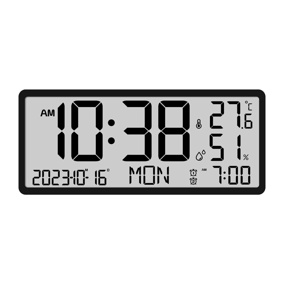 (Black) Large LCD Digital Wall Clock with Temperature and Humidity Display, Alarm, Desktop and Hanging Options for Home and Office