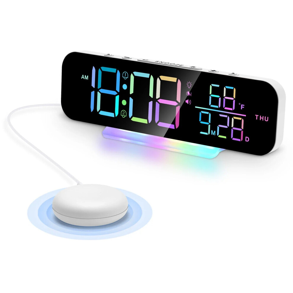 (White) Loud Vibrating Alarm Clock with Bed Shaker for Heavy Sleepers, RGB LED Night Light for Home Decor