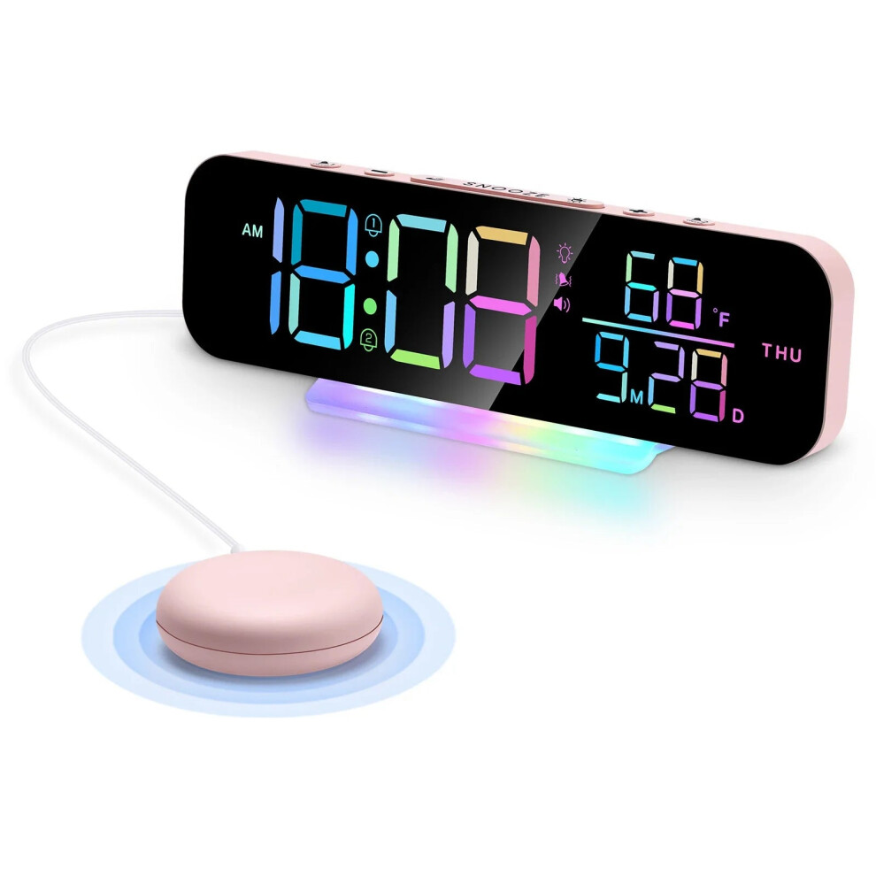 (Pink) Loud Vibrating Alarm Clock with Bed Shaker for Heavy Sleepers, RGB LED Night Light for Home Decor