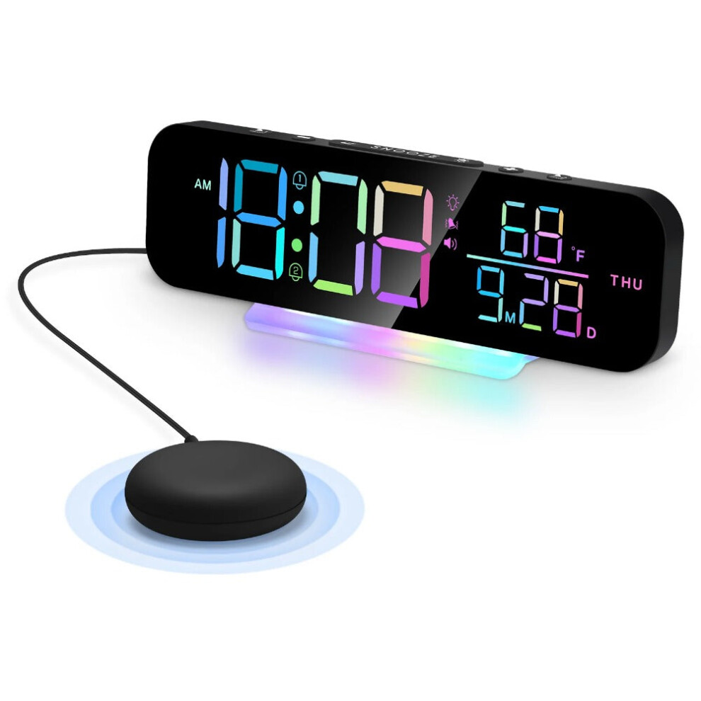 (Black) Loud Vibrating Alarm Clock with Bed Shaker for Heavy Sleepers, RGB LED Night Light for Home Decor