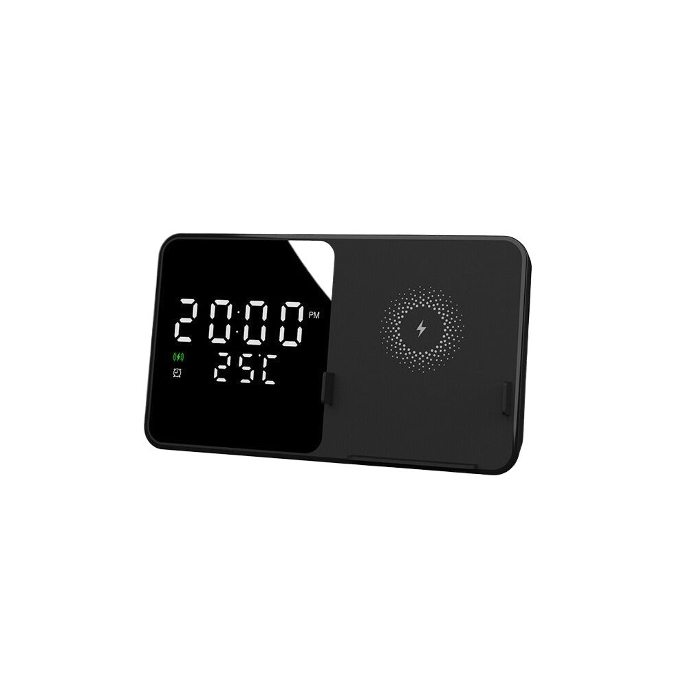 (Black) 15W Wireless Charger & Alarm Clock for iPhone 15, Samsung Z Flip4 - Fast Qi Charging, Temp Display