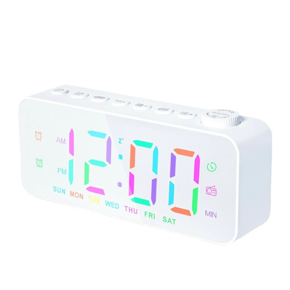 (White) LED Digital Alarm Clock with FM Radio, Dual Alarm, Snooze, USB Charging Port, and Dimmable Night Light for Bedroom, Office