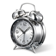 (Silver) 4-Inch Twin Bell Loud Alarm Clock for Heavy Sleepers - Silent, Non-Ticking Quartz with Backlight