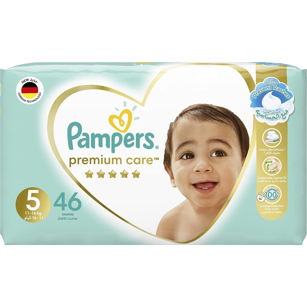 Pampers Premium Care Taped Baby Diapers, Size 5, 11-16kg, 46 Nappies | Unique Softest Absorption for Ultimate Skin Protection |100% Leakproof