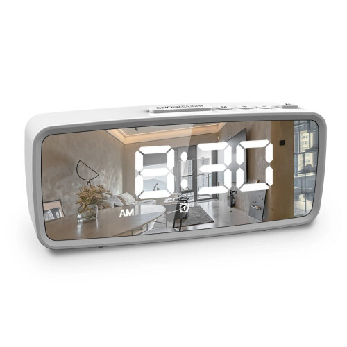 (White, Digital) USB-Rechargeable LED Mirror Digital Alarm Clock with Snooze Mode 1