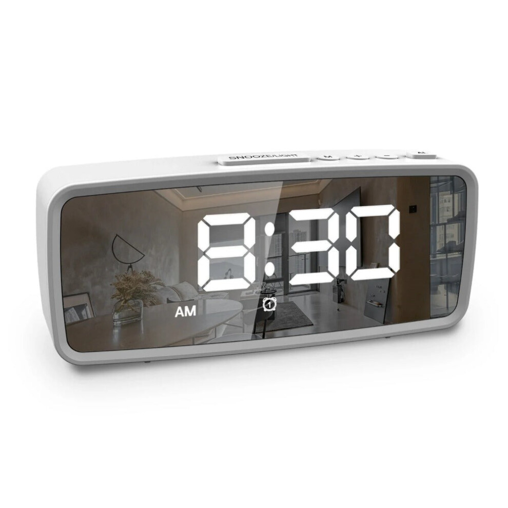 (White, Digital) USB-Rechargeable LED Mirror Digital Alarm Clock with Snooze Mode