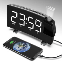 (White) 8-Inch Projection Alarm Clock: 180 Projector, FM Radio, Snooze, USB Charger & 3-Level Brightness for Bedroom
