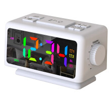 (White) RGB Digital Alarm Clock with FM Radio, Dual Alarms, Snooze, Dynamic Display, 12/24H, Date, USB Charging - Ideal for Home & Office