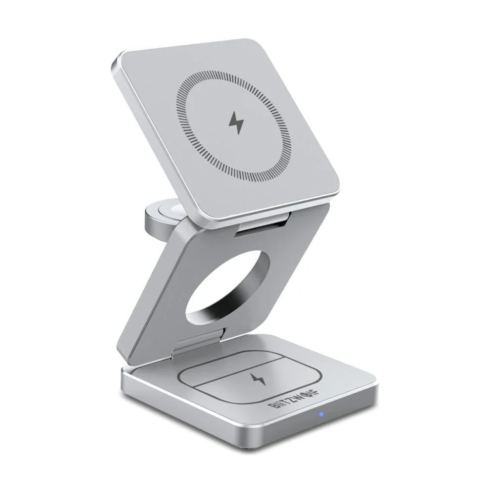 (Silver) 3-in-1 15W Foldable Magnetic Wireless Charger for iPhone, Apple Watch, AirPods - Fast Charging Station