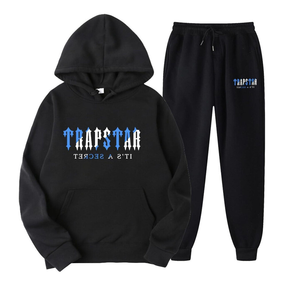 (Black, M) Jogging Suit For Men And Women, Tracksuit With Trapstar Print, Unisex Sports Suit Set, 2 Piece Hoodie, Sports Trousers, Hoodie, Jogging Bottoms, Hoody
