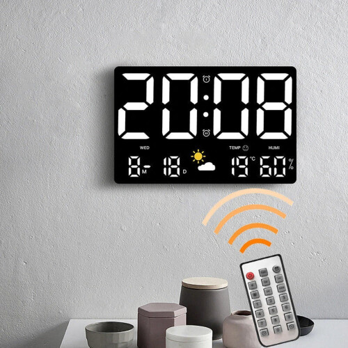 (White light) Large Digital Wall Clock with LED Display, Remote Control, Auto Brightness, Temperature, Humidity, Date, Week, 12/24H 1