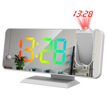 (White) RGB LED Projection Alarm Clock with 180 Projector, 11 Colors, Mirror Surface, Snooze, Clear Display for Bedroom and Living Room
