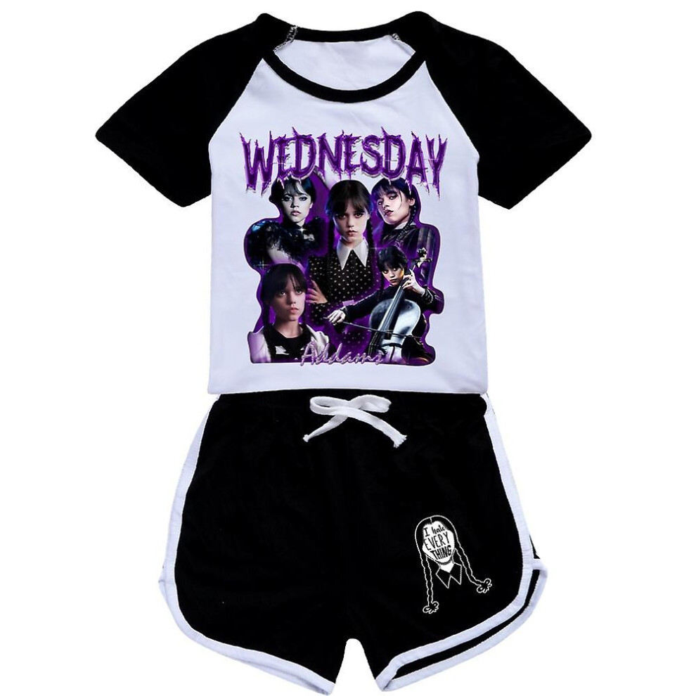 (Black, 11-12 Years) 9-14 Years Kids/teens Wednesday The Addams Family Printed Outfits Set T-shirt Shorts Tracksuit Gifts