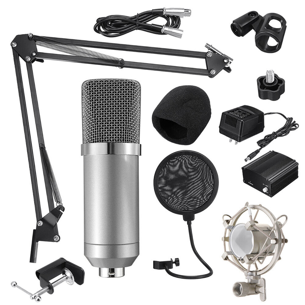 (Silver) Microphone Condenser Sound Recording Microphone Kit With Shock Mount For Radio Braodcasting Singing Recording KTV Karaoke Mic