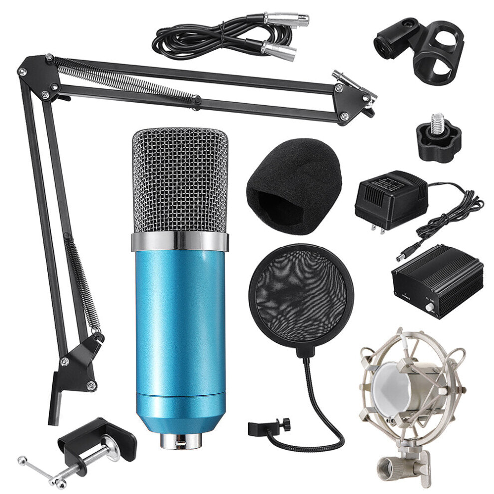 (Blue) Microphone Condenser Sound Recording Microphone Kit With Shock Mount For Radio Braodcasting Singing Recording KTV Karaoke Mic