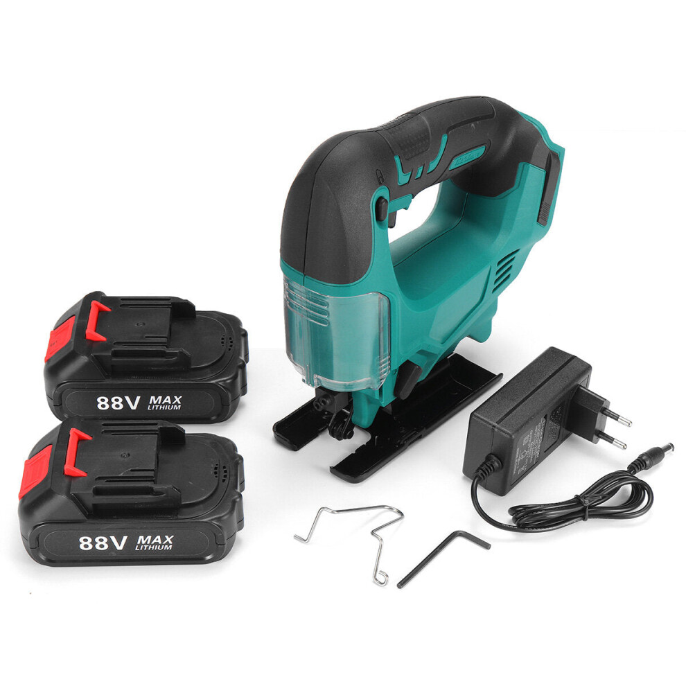 (Two Batteries, EU Plug) 88VF Wireless Electric Jig Saw Rechargeable Portable Woodworking Wood Plastic Aluminium Cutting Tool 4 Adjustable Cutting Angle